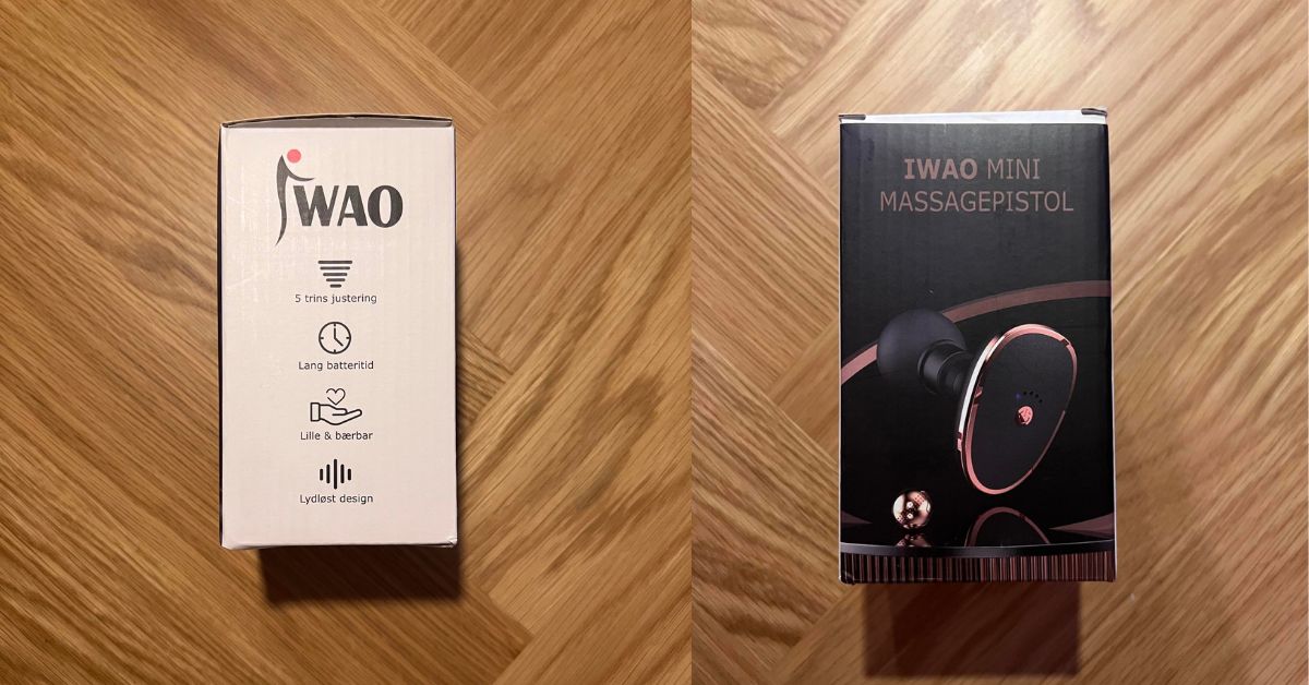 IWAO mini massagepistol indpakning og specifikationer